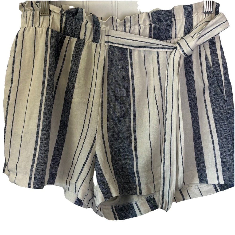 HAVE Linen Blend High Waisted Paperbag Shorts Med Striped Belted Tie Nautical